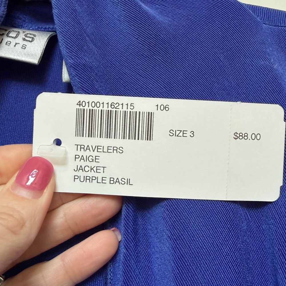 Chicos Travelers 3pc Set Purple Basil Paige Jacket Tank Essence Pants 3 Short XL - Picture 5 of 13
